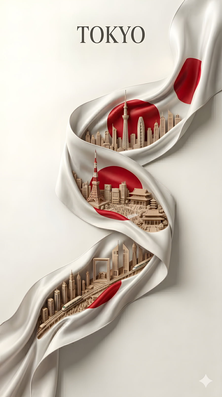 A ribbon of Japanese silk curls down the frame, the skyline of Tokyo carved in miniature inside each fold