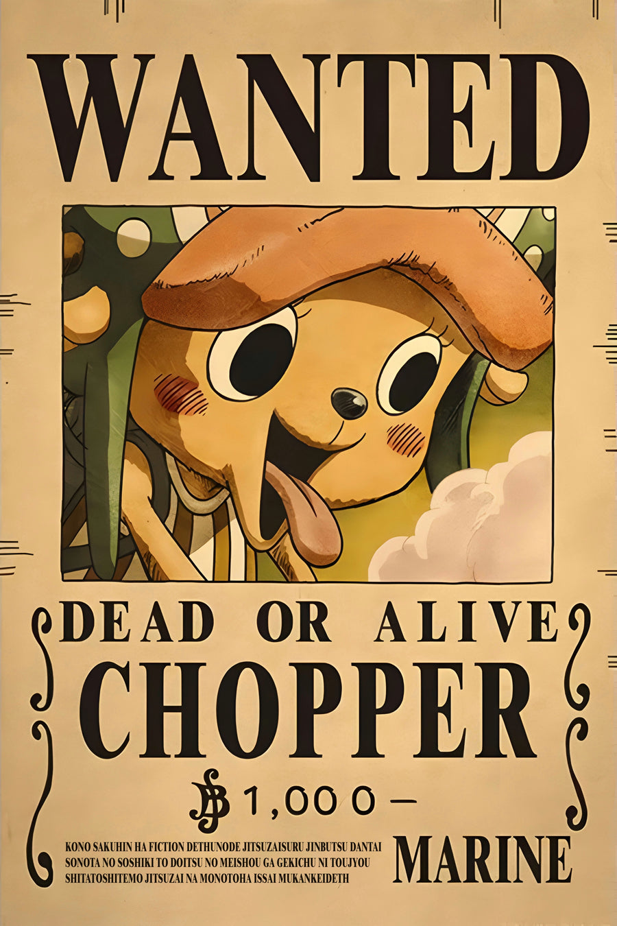 Tony Tony Chopper – Bounty Poster - a bounty poster for Chopper, 1,000 berries, dead or alive, on a metal wall art plate
