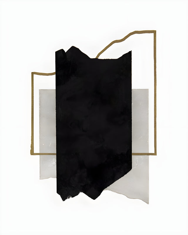 Torn Black - a torn sheet of black ink laid over a pale rectangle, with a thin gold line drawn round it, on a metal wall art plate