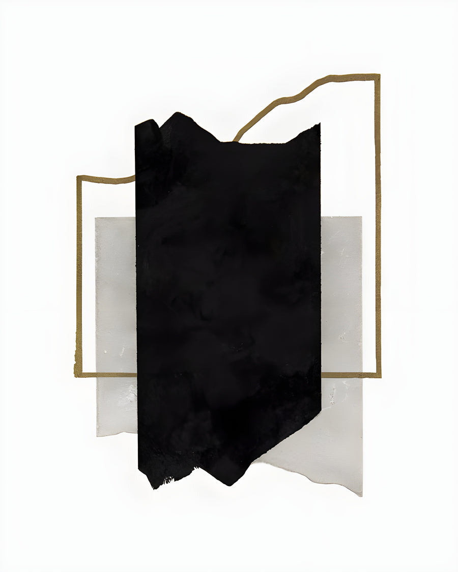 Torn Black - a torn sheet of black ink laid over a pale rectangle, with a thin gold line drawn round it, on a metal wall art plate