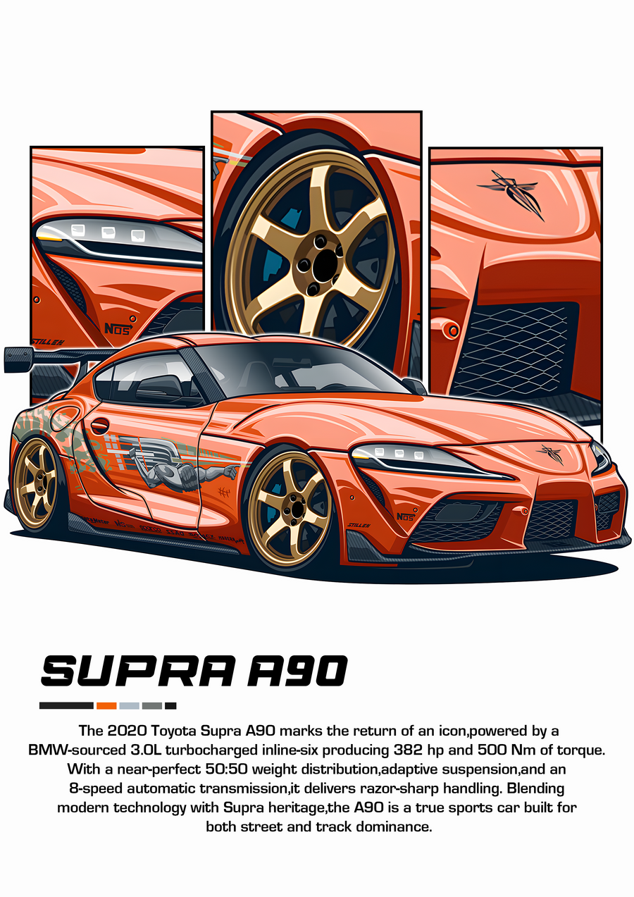Toyota Supra A90 - the Toyota Supra A90 drawn as a tuner-style illustration in orange, with cutaway panels above, on a metal wall art plate