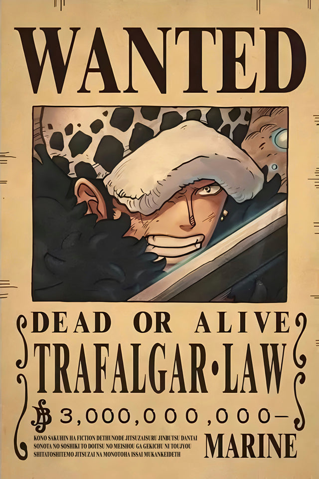 Trafalgar Law – Bounty Poster - a bounty poster for Trafalgar Law, 3,000,000,000 berries, on a metal wall art plate