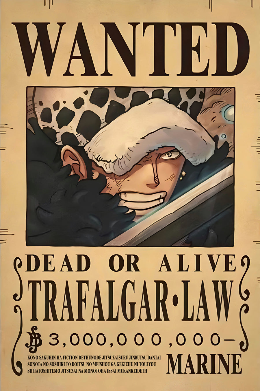 Trafalgar Law – Bounty Poster - a bounty poster for Trafalgar Law, 3,000,000,000 berries, on a metal wall art plate
