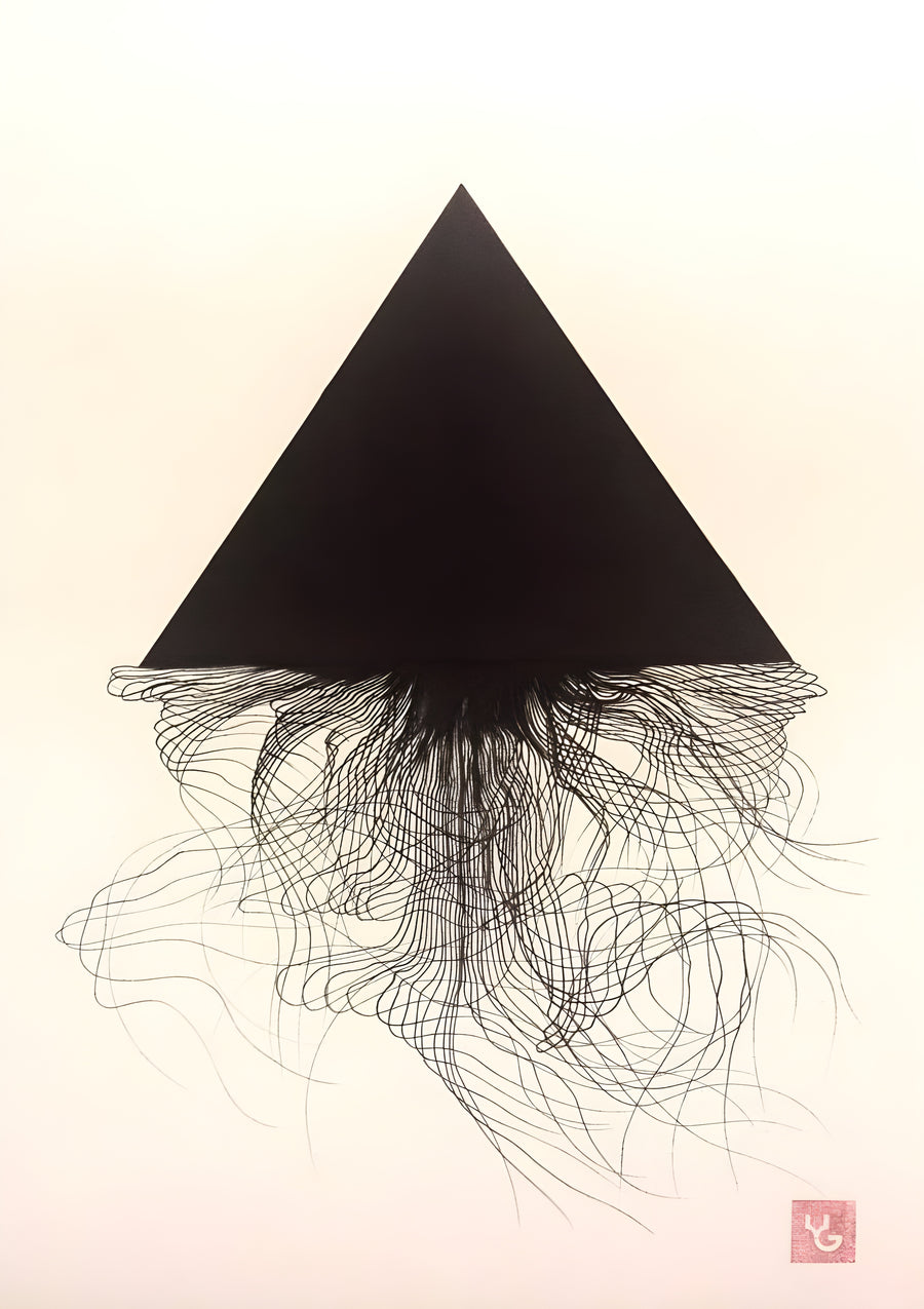 Triangle and Threads - a solid black triangle with fine threads falling from its base like roots, on a metal wall art plate