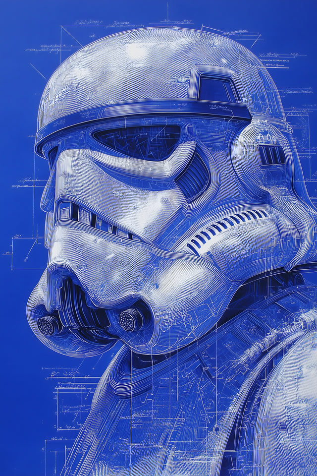 Trooper Helmet – Blueprint - the white helmet drawn over blue technical plans, on a metal wall art plate