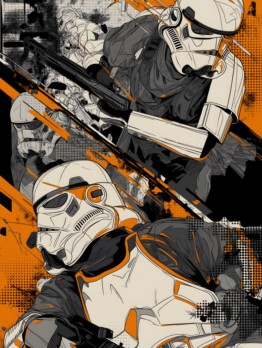 Troopers – Halftone - troopers in line and halftone with orange cutting through, on a metal wall art plate