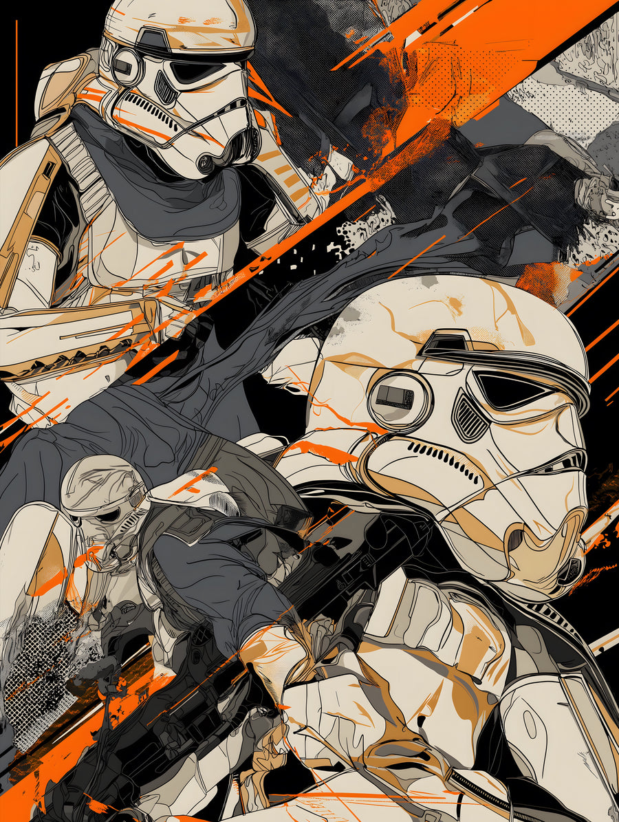 Troopers – Orange Cut - troopers drawn in hard line over slabs of orange, on a metal wall art plate