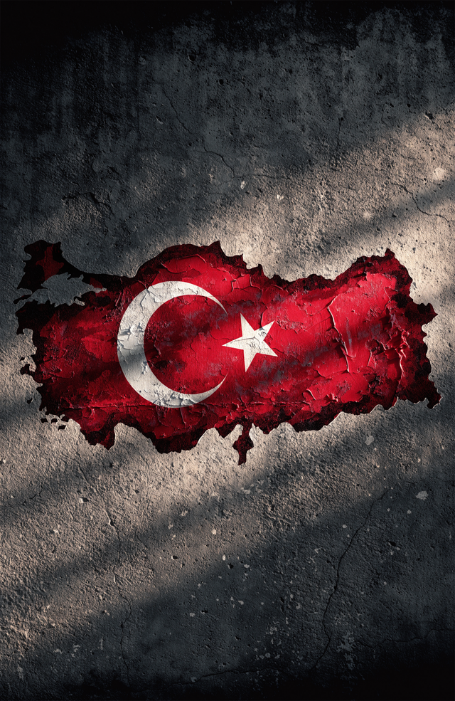 The map of Turkey is painted straight onto dark weathered concrete, the crescent and star worn into deep crimson