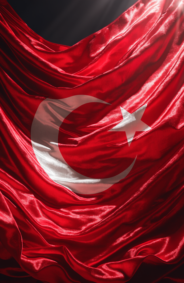 The Turkish flag ripples across luxurious crimson satin, the white crescent and star catching the light along every fold