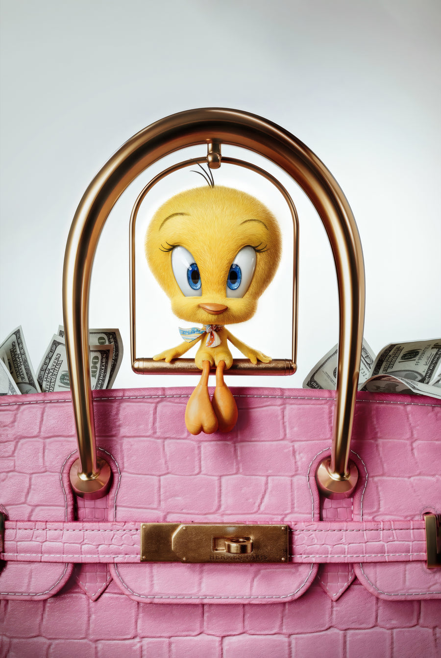 Tweety – Pink Birkin - tweety perched in the handle of a pink crocodile handbag, with banknotes packed in behind, on a metal wall art plate