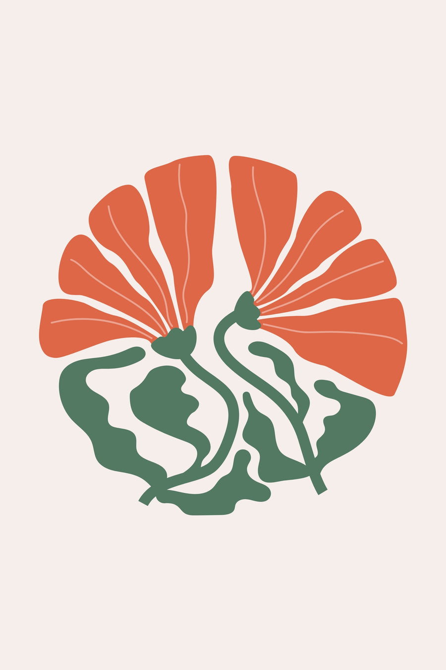 Twin Poppies - two broad terracotta-orange poppies curve above winding green stems and leaves on a warm cream ground, on a metal wall art plate