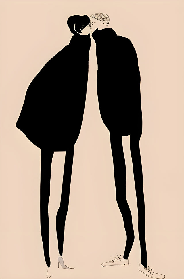 Two Coats - two elongated figures in black coats leaning in to kiss, on blush, on a metal wall art plate