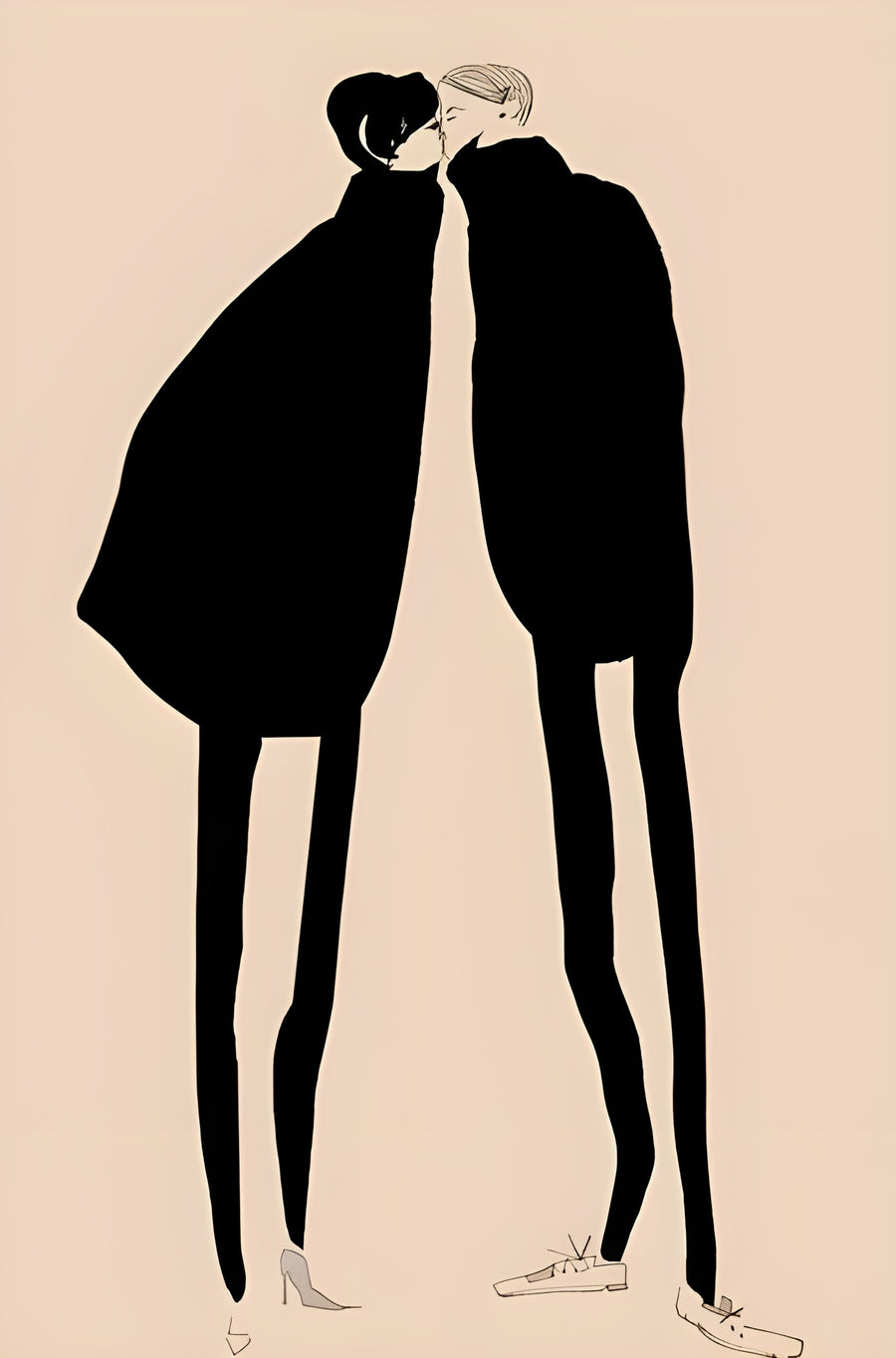 Two Coats - two elongated figures in black coats leaning in to kiss, on blush, on a metal wall art plate