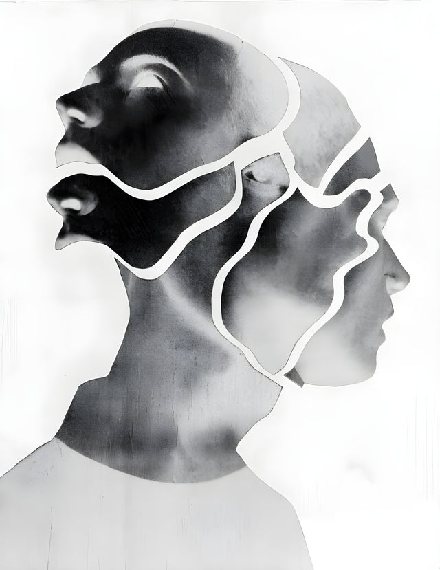 Two Profiles - two profiles overlapping, separated only by a white line cut between them, on a metal wall art plate