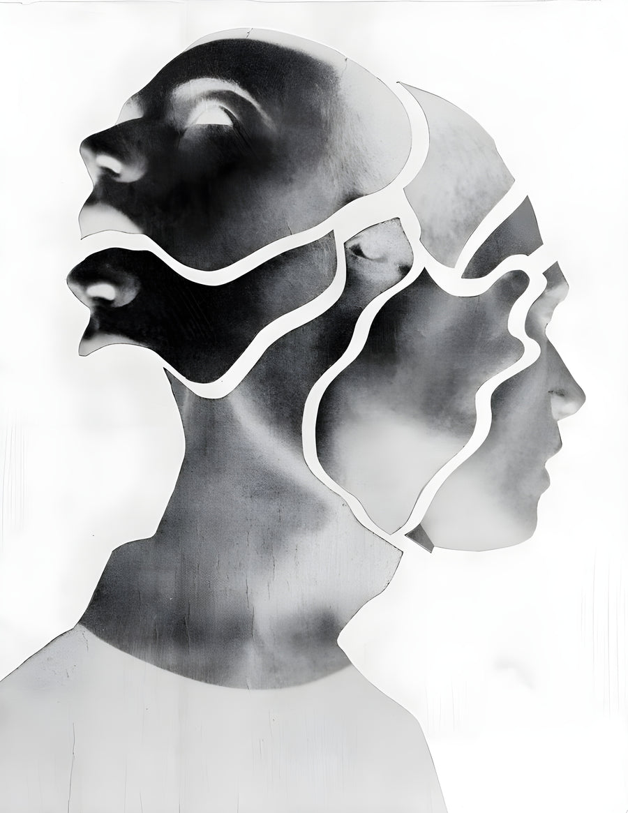 Two Profiles - two profiles overlapping, separated only by a white line cut between them, on a metal wall art plate