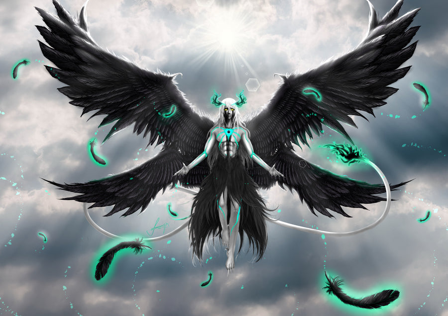 Ulquiorra Cifer – In Black - a winged figure in black feathers under a pale sky, on a metal wall art plate