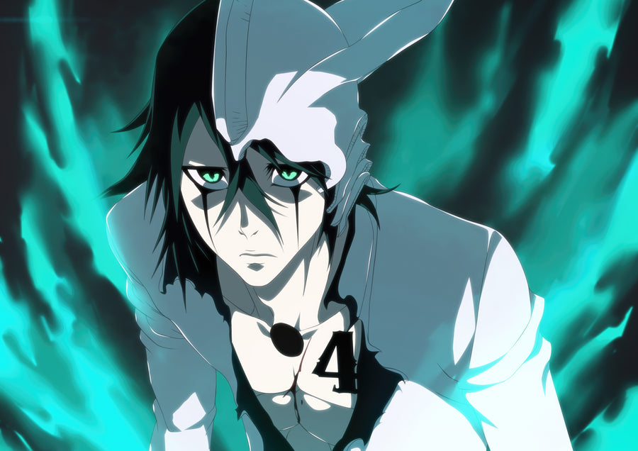 Ulquiorra Cifer – In Green - ulquiorra lit green, the number four at his collar, on a metal wall art plate