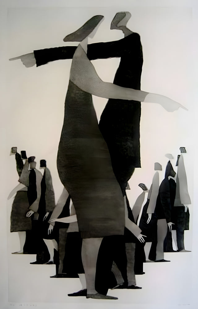 Upside Down - a collaged crowd with one figure walking on its hands above the rest, on a metal wall art plate