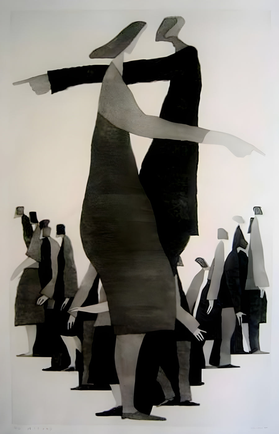 Upside Down - a collaged crowd with one figure walking on its hands above the rest, on a metal wall art plate
