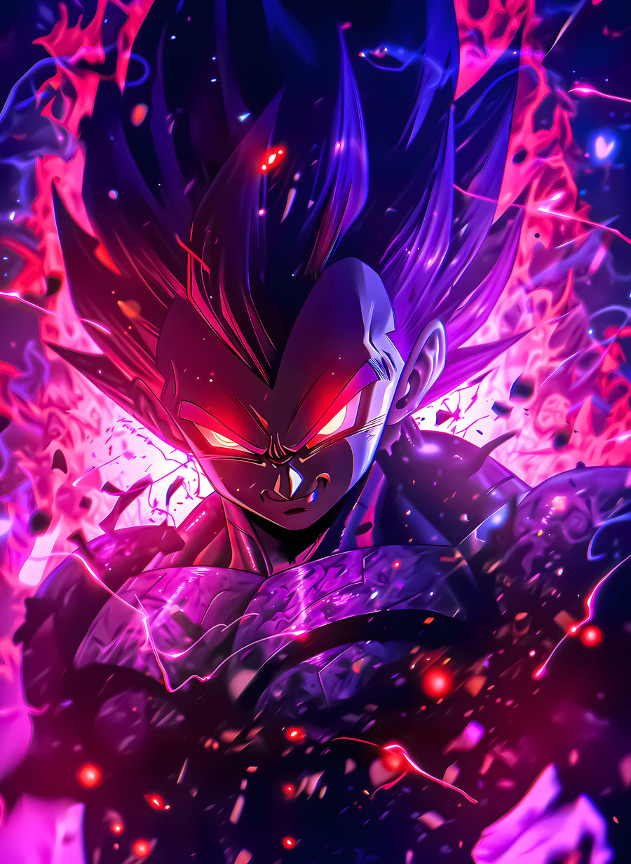 Vegeta – In Flame - vegeta lit magenta and violet, eyes burning, on a metal wall art plate