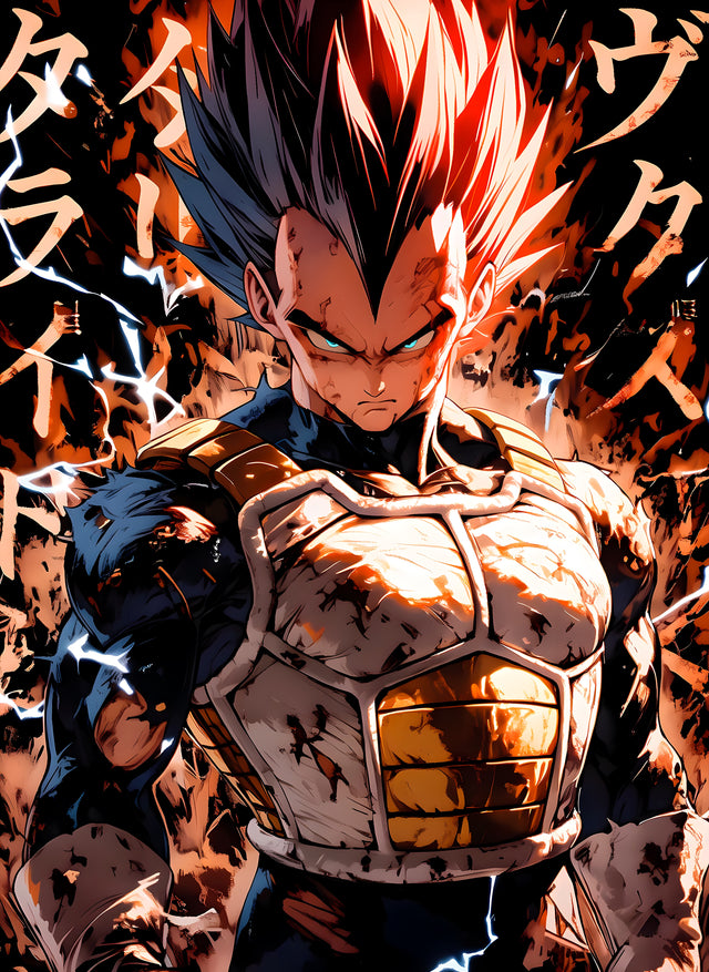 Vegeta – In Red - vegeta in battle armour against torn red and black, on a metal wall art plate