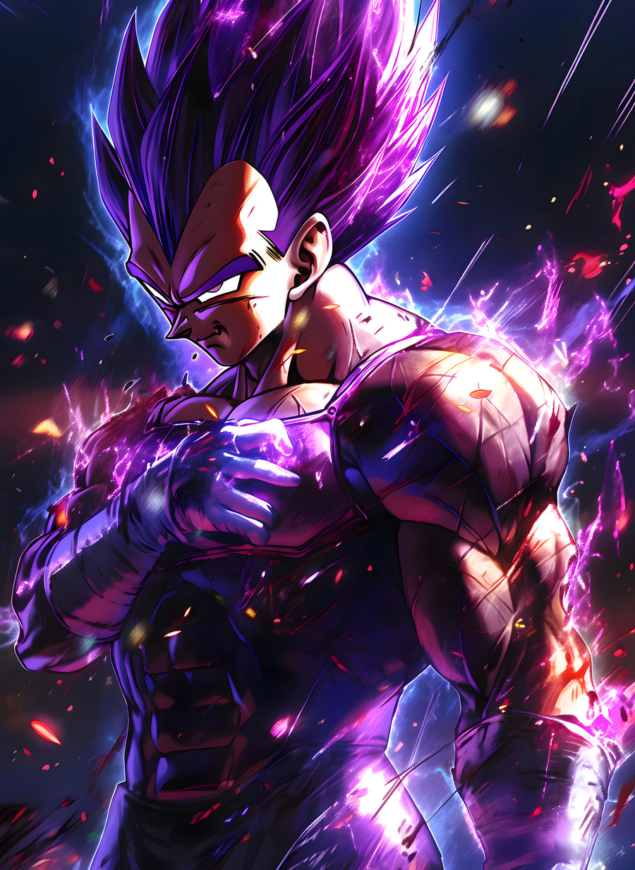 Vegeta – In Violet - vegeta wreathed in violet aura, fists clenched, on a metal wall art plate