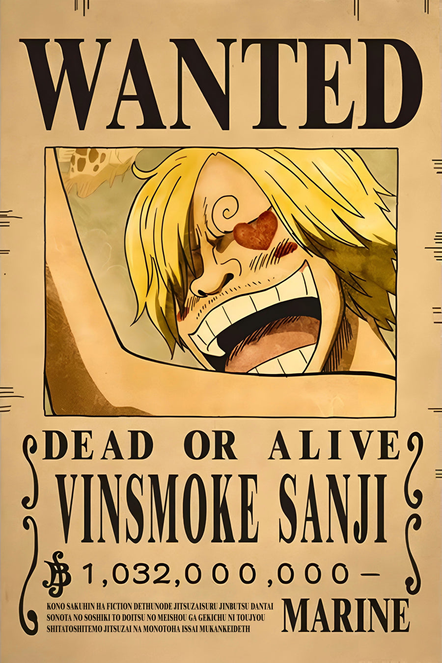 Vinsmoke Sanji – Bounty Poster - a bounty poster for Vinsmoke Sanji, 1,032,000,000 berries, on a metal wall art plate