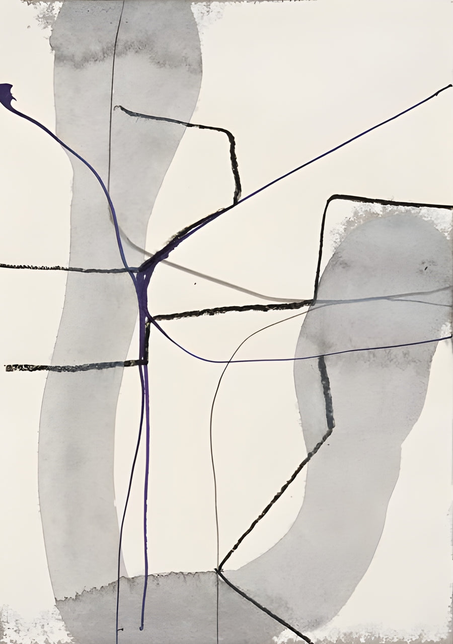 Violet Thread - grey washed forms crossed by drawn lines and a single violet thread, on a metal wall art plate