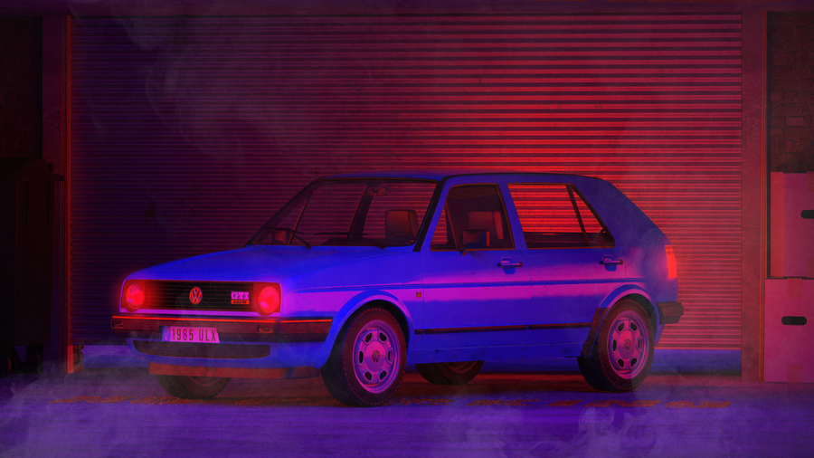 Volkswagen Golf - volkswagen Golf — purple and pink neon, on a metal wall art plate