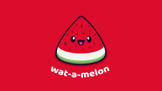 Wat-a-melon - a kawaii watermelon slice on flat red, pun printed underneath, on a metal wall art plate