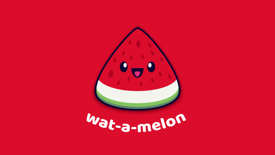 Wat-a-melon - a kawaii watermelon slice on flat red, pun printed underneath, on a metal wall art plate