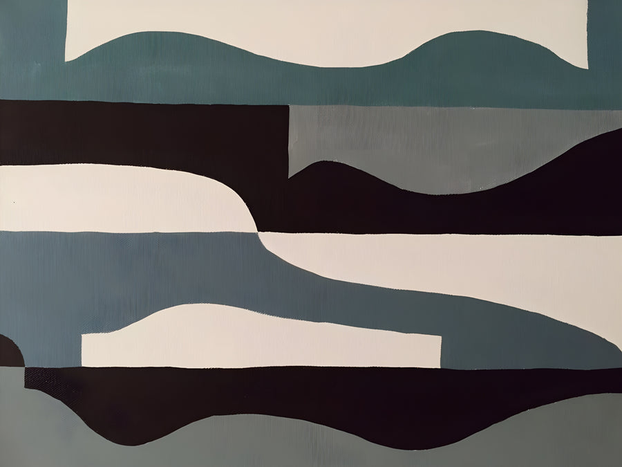 Wave Blocks - interlocking wave-shaped blocks in teal, navy, plum and blush, on a metal wall art plate