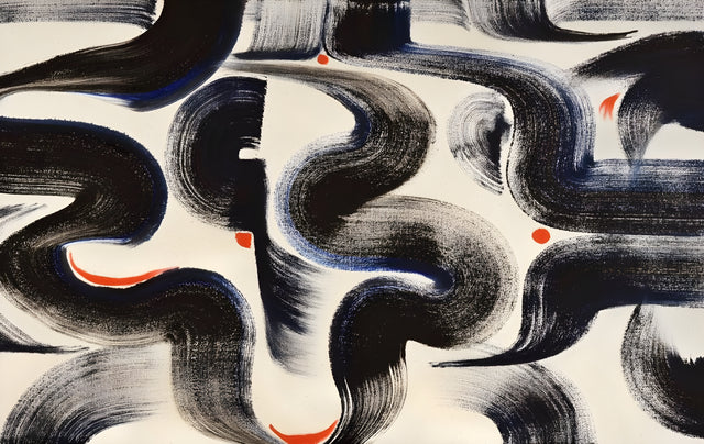 Waves and Dots - wide black waves brushed across cream with small orange dots between them, on a metal wall art plate