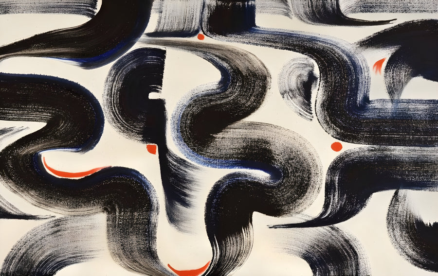 Waves and Dots - wide black waves brushed across cream with small orange dots between them, on a metal wall art plate