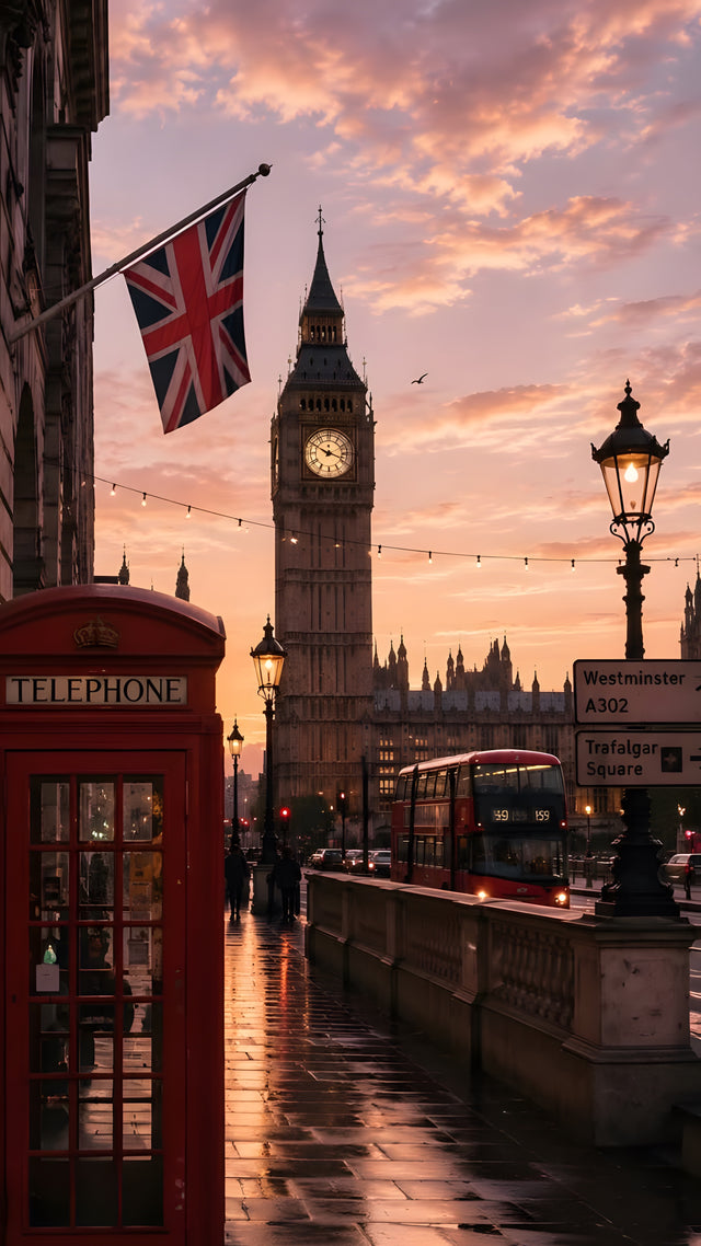 Big Ben, a red phone box and a Routemaster caught together under a pink Westminster sunset, the pavement still wet