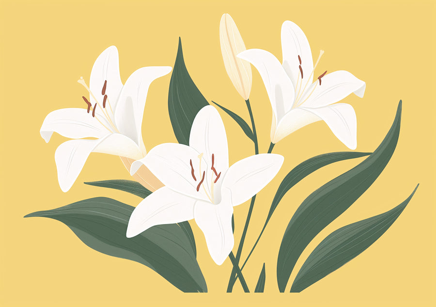 White Lilies - elegant white lilies and deep green leaves stand against a warm golden background, on a metal wall art plate