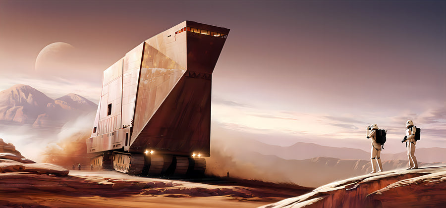 Wreck in the Sand - two troopers looking up at the hull of a crashed destroyer, on a metal wall art plate