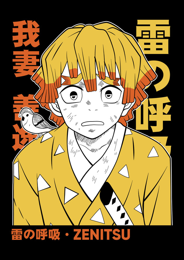 Zenitsu Agatsuma – Thunder Breathing - zenitsu wide-eyed in his yellow haori, thunder breathing kanji behind, on a metal wall art plate
