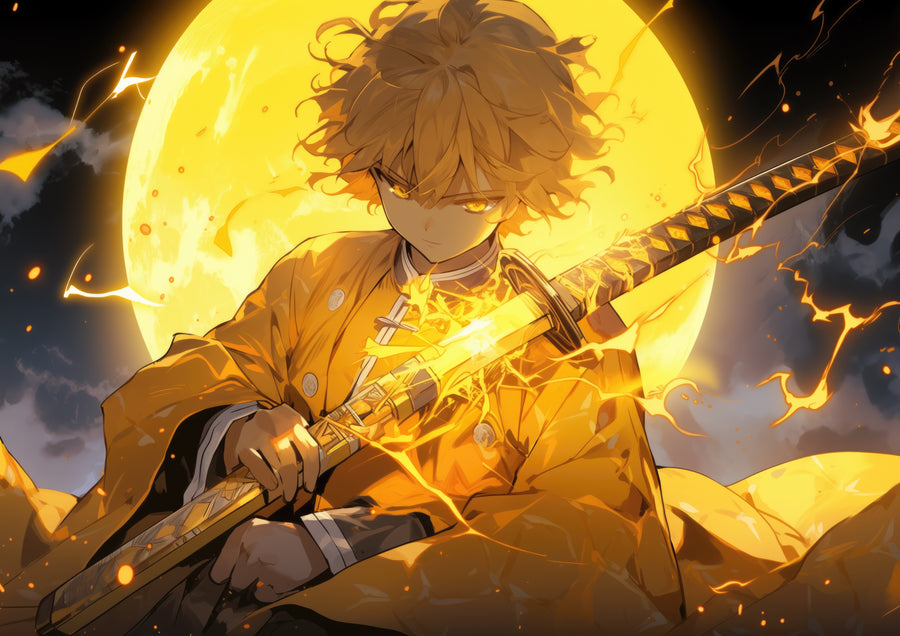 Zenitsu Agatsuma – Under the Moon - zenitsu drawing his blade in a burst of gold against a full moon, on a metal wall art plate